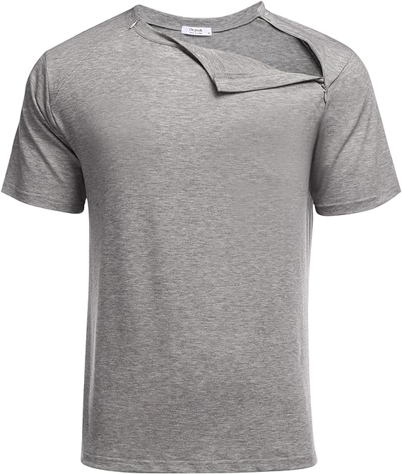 Deyeek Unisex Post Shoulder Surgery Shirts Recovery Tear Away Short Sleeve 2 Side Zippers Off Full Open Chemo Clothing