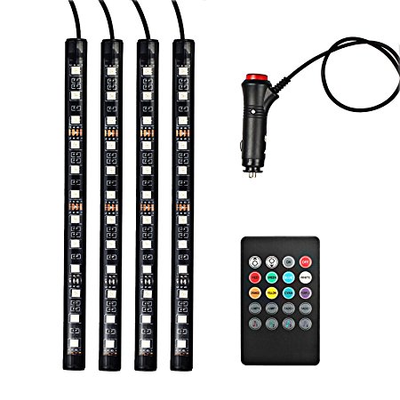 Justech 12V LED Strip Lights Car Interior Lights Footwell Lights Dimmable Ambient Lighting RGB SMD 48 LED Car Mood Lights Waterproof With Wireless Music Control and Cigarette Lighter