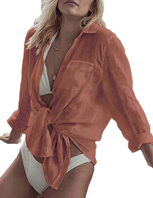 Bsubseach Women Long Sleeve Beach Shirt Blouses Turn Down Collar Bathing Suit Cover Ups