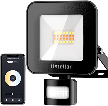 Ustellar Smart Security Light Outdoor Motion Sensor, 20W 2000LM Smart Flood Lights PIR Tunable White 3000K-6500K WiFi Control Outdoor Waterproof IP65, APP/Voice Control via Alexa Google, 1.5M Wire