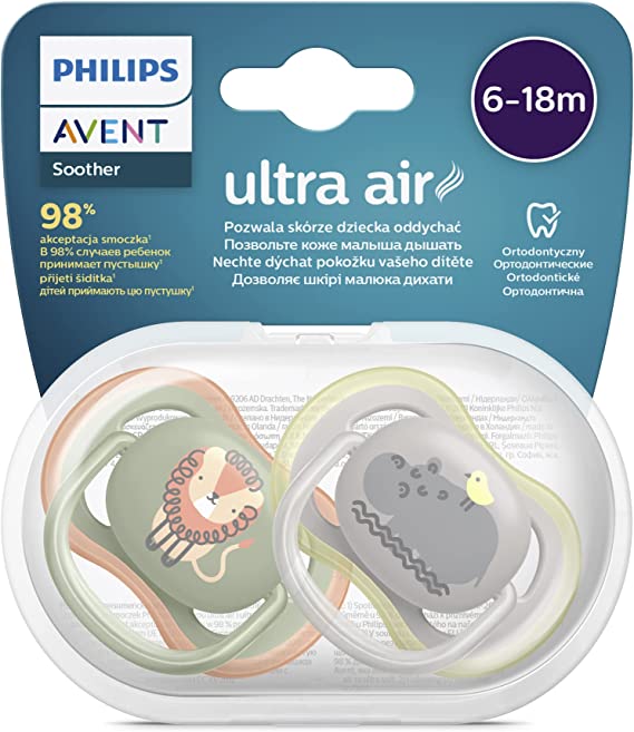 Philips Avent Lot de 2 sucettes Ultra Air 0 % BPA pour les bébés âgés de 6 à 18 mois (modèle SCF085/17)