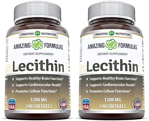 Amazing Formulas Lecithin Dietary Supplement * 1200 mg High Potency Lecithin Softgels (Non-GMO) * Promotes Brain & Cardiovascular Health * Aids in Cellular Activities * 240 Softgels (Pack of 2)