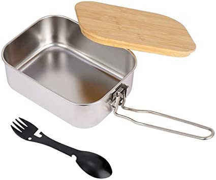 PWPAM Camping Lunch Box Stainless Steel Bento Box Japanese Style Food Container with Bamboo Lid and 5 in 1 Outdoor Cutlery, Capacity of 32oz/0.9L