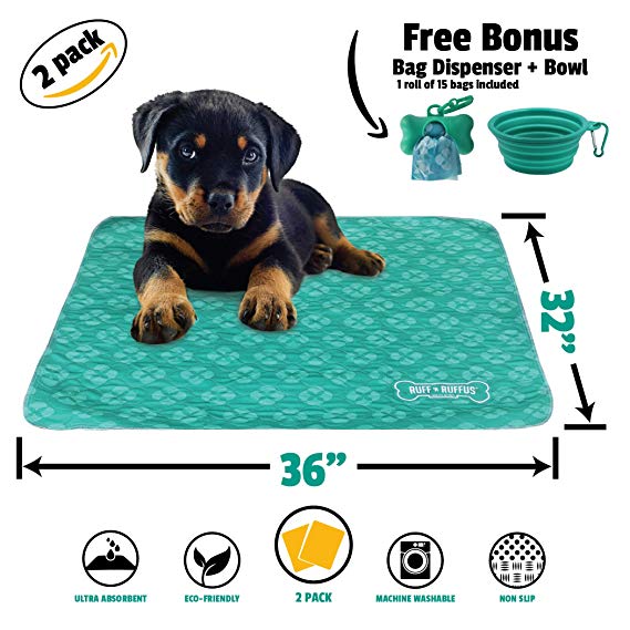 Ruff 'n Ruffus Reusable and Washable Puppy Pee Pads for Dogs (Set of 2) | Free Travel Bowl, Poop Bags and Dispenser | Extra Large 30” x 36” Underpads for Potty Training, Incontinence, Whelping & More