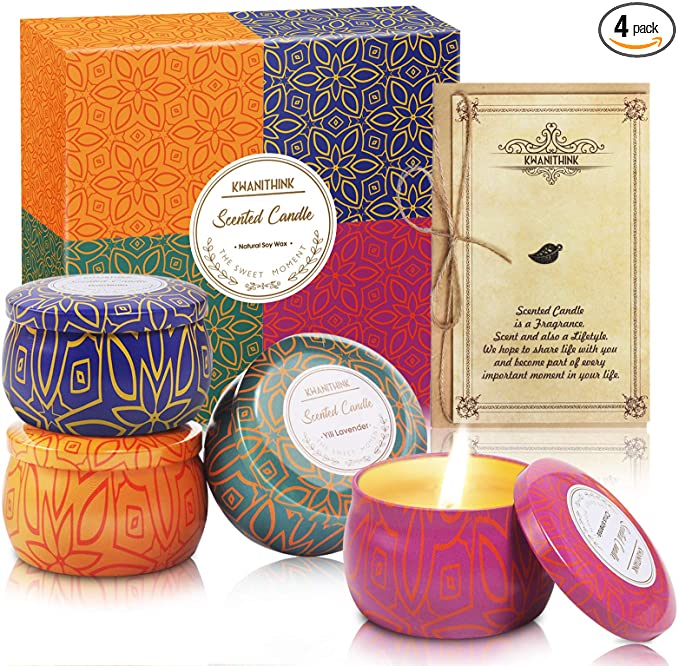 KWANITHINK Scented Candles Gifts for Woman - Aromatherapy Candles Christmas Gift Set with Greeting Card, Relaxing Candle Pack for Bath Spa Meditation, Soy Candles for Home Scented 4-Pack Gift Package