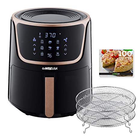 GoWISE USA GW22955 7-Quart Electric Air Fryer with Dehydrator & 3 Stackable Racks, Digital Touchscreen with 8 Functions   Recipes, 7.0-Qt, Black/Copper