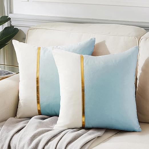 Fancy Homi 2 Packs Light Blue Decorative Throw Pillow Covers 18x18 Inch for Couch Bed, Baby Blue and White Velvet Patchwork with Gold Leather, Luxury Home Decor Square Cushion 45x45 cm