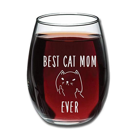 Best Cat Mom Ever Funny Wine Glass 15oz - Unique Christmas Gift Idea for Cat Lovers - Perfect Birthday Gifts for Women - Rude Sarcastic Cat Meme Cup - Evening Mug