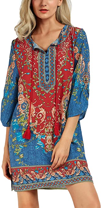 Women Bohemian Neck Tie Vintage Printed Ethnic Style Summer Shift Dress