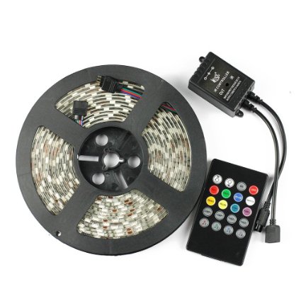 SUPERNIGHT 5M 5050SMD RGB Music Controlled LED Strip Light Kit Super Bright Waterproof Flexible LED Light Tape with LED Music Controller Sound Sense Controller 60LEDs/M 300LEDs/Reel for Festival Christmas Decoration