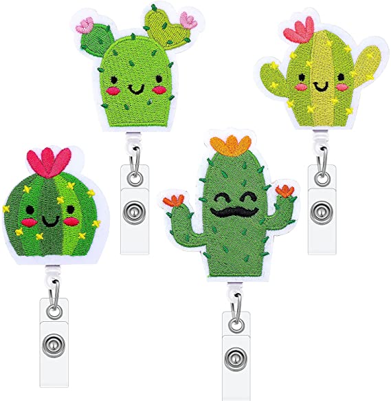 4 Pieces Felt Retractable ID Name Badge Holder ID Badge Reels with Clip Retractable Name Badge Holder Lanyards for Office School Worker Doctor Nurse (Cactus)