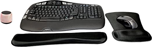 Logitech MK550 Comfort Wave Wireless Keyboard & Mouse Combo Home Office Active Lifestyle Modern Bundle with Special Edition Micro Portable Wireless Bluetooth Speaker, Gel Wrist Pad & Gel Mouse Pad