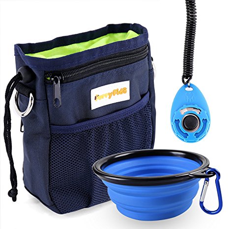 FurryFido Dog Treat Training Pouch with Poop Bags Dispenser, Collapsible Food Water Bowl, Training Clicker, Extra Long Waist Belt and Over Shoulder Strap, Carries Treats, Toys, Keys etc.