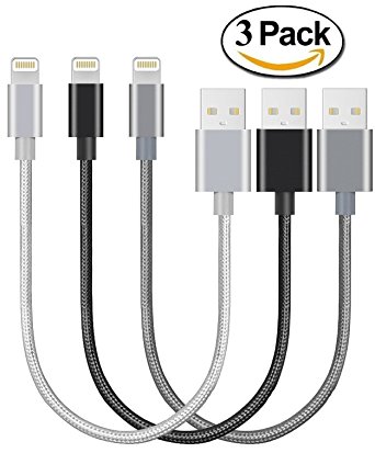 3 Pack 9 inch iPhone Premium Quality Nylon iPhone Lightning Charging Cable USB Cord for iPhone SE 6S, 6S Plus,6,5S 5C 5,iPad Mini, Air,iPad5,iPod Compatible with iOS9 (Space Grey, Black, Silver)