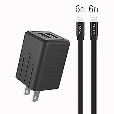 Wall Charger，TAKAGI 12W 2.4A Dual Port Travel Power Adapter with Foldable Plug   (6ft) Lightning Cable [2-PACK] for Apple iPhone iPad iPod Touch nano (Black)