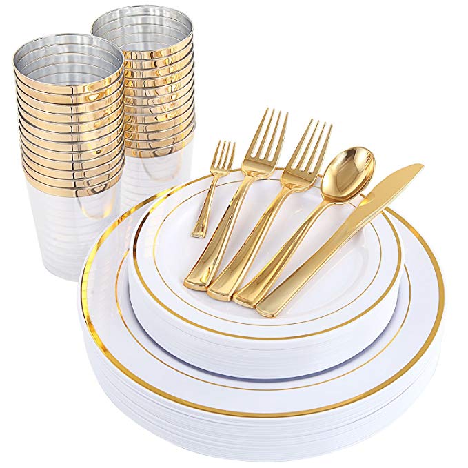 WDF 25Guest Gold Plastic Plates with Gold Silverware,Disposable Cups-include 25 Dinner Plates, 25 Salad Plates, 50 Forks, 25 Knives, 25 Spoons &Plastic Cups/Bonus 25 Mini Forks (Dinnerware)