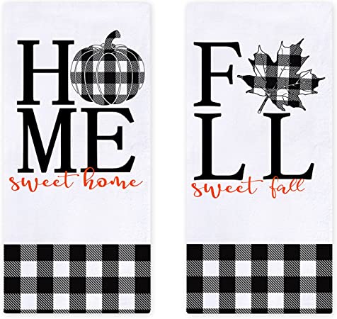 Fall Pumpkin Home Kitchen Dish Towels Set of 2, Black White Buffalo Check Maple Leaves Farmhouse Absorbent Fast Drying Cloth Decorative Tea Towels for Cooking and Baking 18 x 28 Inches