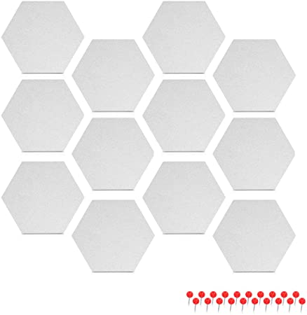 Navaris Hexagon Felt Board Tiles - Set of 12 Notice Memo Bulletin Boards with Push Pins Pack with Double-Sided Tape 5.9 x 6.7 inches - White