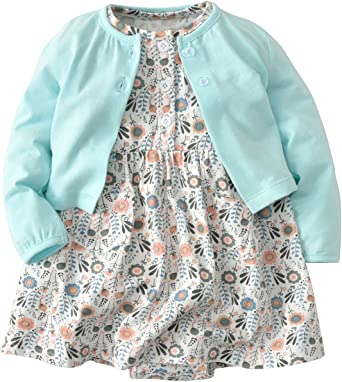 Baby Girl Dress and Cardigan Set Toddler Girls Romper Skirt Long Sleeve Coat Floral Dress 2Pcs for Infant Girls