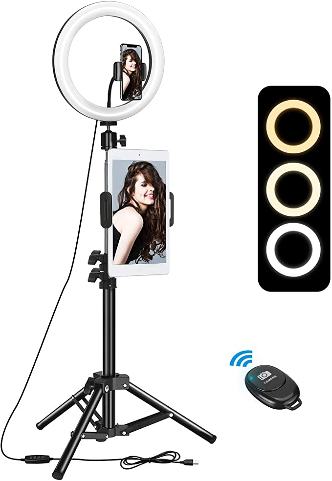 10" Selfie Ring Light with Tripod Stand & 2 Phone Holder, ELEGIANT Led Ring Light with Remote Ringlight for Live Stream Makeup YouTube Tiktok Photography Compatible with iPhone iPad Android (Upgraded)