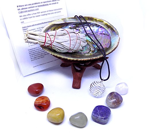Chakra Stone Set with 7 Crystals, Sage, Abalone Shell, Wood Stand, & Cage Pendant Spiritual Healing Crystal, Smudge Gift Kit