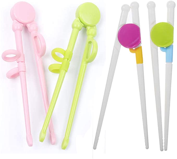 MOTZU 4 Pairs Training Children Beginners Chopsticks - Fun and Easy to Use Cheater Chopsticks, Learning Chopstick Helper, Plastic Chopsticks for Kids & Adults - Reusable & Dishwasher Safe