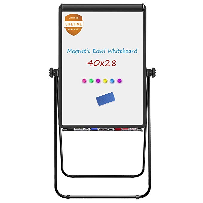 Stand White Board, Magnetic Dry Erase Board 40 x 28 inches Flipchart Pad Double Sided, Height Adjustable Portable Whiteboard with 1 Eraser, 3 Markers, 6 Magnets, Black