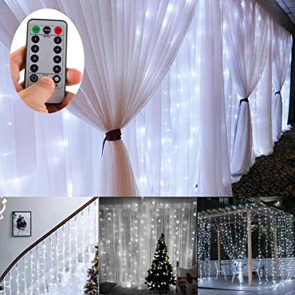 Battery Operated 300 LED Curtain String lights w/ Remote & Timer, Outdoor Curtain Icicle Wall Lights For Wedding Backdrops, Christmas, Holiday, Camping Decoration (9.8×9.8ft, Dimmable, Cool White)