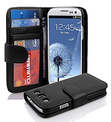 Cadorabo Case works with Samsung Galaxy S3/S3 NEO in OXID BLACK (Design BOOK STRUCTURE) – with 2 Card Slots – Wallet Case Etui Cover Pouch PU Leather Flip