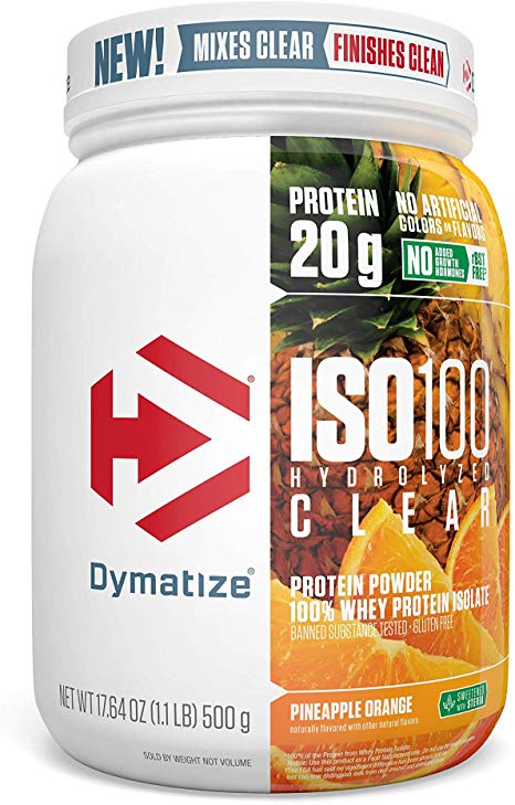 Dymatize ISO 100 Hydrolyzed Clear Protein Powder, Clear 100% Whey Protein Isolate, Keto Friendly, Clear Easy Mixing While Being Light & Refreshing, Pineapple Orange, 1.1 lbs