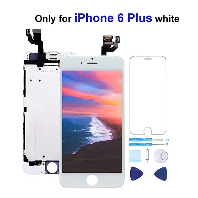 Screen Replacement for iPhone 6 Plus Screen Replacement White 5.5" LCD Display Touch Digitizer Frame Assembly with Proximity Sensor,Ear Speaker,Front Camera,Screen Protector,Repair Tools kit White