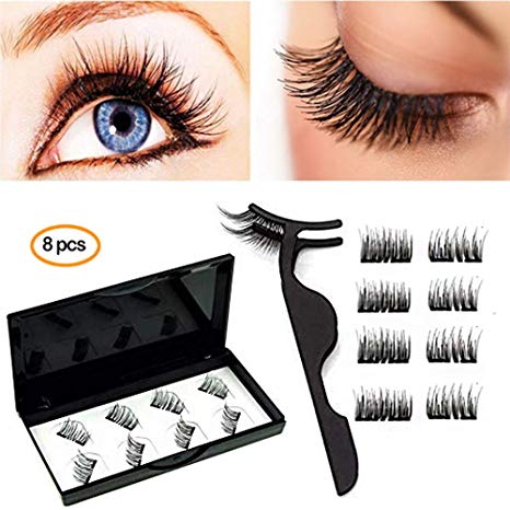 Laswumen 8X Half-Eye Dual Magnetic Eyelashes, No Glue False Lashes 2 Pairs, Reusable Natural Look Lashes with Stainless Steel Tweezers