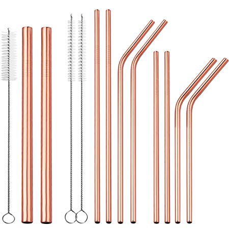 JOYECO 10 Pcs Metal Reusable Straws Stainless Steel Drinking Sucker Full Variety, Multi Size with Carry Bag Brushes for 20 30oz Tumblers, Boba, Smoothies, Rose Gold