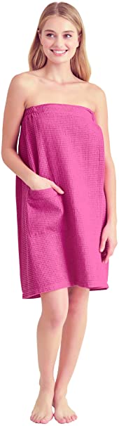 Soft Touch Linen Soft, Lightweight, Comfortable and Adjustable Closure, Quick Dry Waffle Spa/Bath Wraps with Pocket for Women