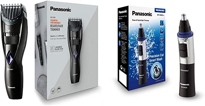 Panasonic ER-GB37 Wet & Dry Electric Beard Trimmer for Men with 20 Cutting Lengths, Standard UK 3pin Plug & ER-GN30 Wet and Dry Electric Nose, Ear and Facial Hair Trimmer for Men