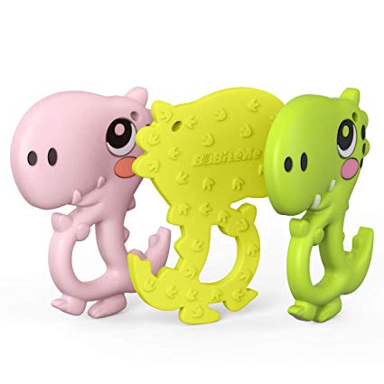 BBBiteMe Dinosaur Baby Teether - BPA Free Silicone Teething Toy with Storage Case for Toddlers & Infants (Color Set)