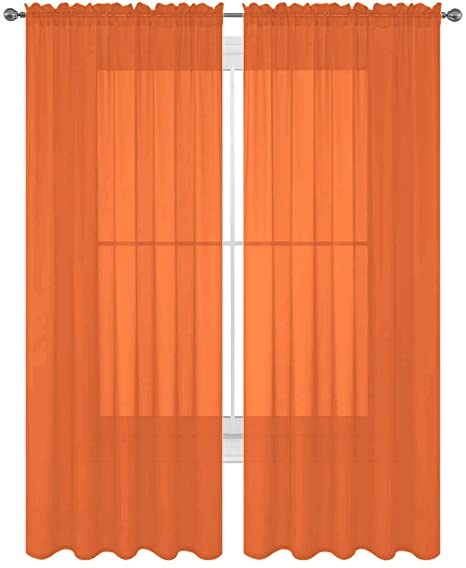 Decotex 2 Piece Solid Elegant Sheer Curtains Fully Stitched Panels Window Treatment Drape (54" X 54", Orange)