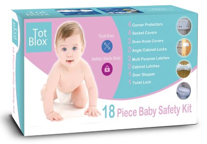 Tot Blox Baby Proofing Kit - Complete Home Protection: Cupboard Locks, Socket Covers, Corner Protectors, Toilet Locks, Door Stopper, Oven Covers - Tot Blox 18 Piece Baby Safety Set