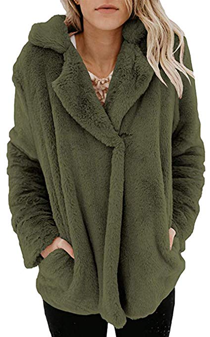 Angashion Women's Long Sleeve Lapel Faux Fur Button Oversized Warm Winter Jacket Coat Outwear with Pockets