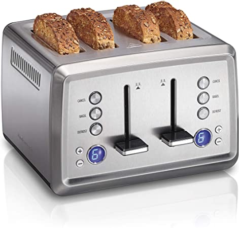 Hamilton Beach Digital 4 Slice Extra Wide Slot Stainless Steel Toaster with Bagel & Defrost Settings, Toast Boost, Slide-Out Crumb Tray, Auto-Shutoff and Cancel Button (24796)