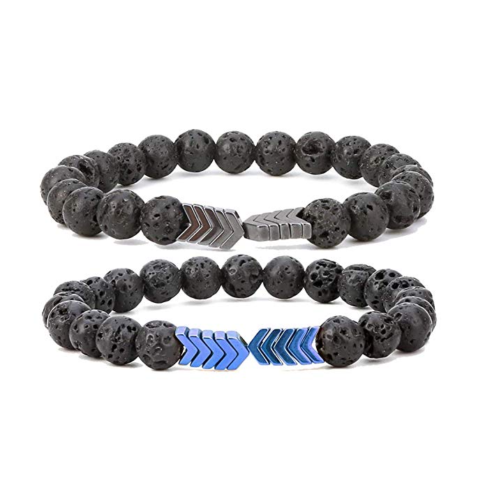 SEVENSTONE 8mm Lava Rock Bead Arrow Diffuser Natural Stone Bracelet Yoga Beads Elastic Jewelry Set for Women Men