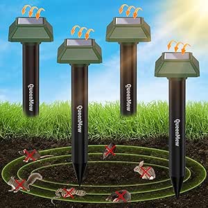 Solar Powered Animal Deterent, Ultrasonic Animal Control Device with Motion Sensor and FIashing Light, Waterproof Outdoor Animal Repellent for Deer Squirrel Raccoon Cat Bobcats, Frequency 18kHZ