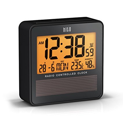 HITO™ Atomic Radio Controlled Travel Alarm Clock w/ Date, Temperature Humidity, Week, Alarm Status, Backlight - Battery Operated w/ Solar Panel