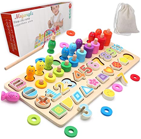 Wooden Number Puzzle Sorting Montessori Toys for Toddlers - Shape Sorter Game for age 3 4 5 6 year olds kids - Preschool Education Math Stacking Block - 5 In 1 Learning Wood Toys Jigsaw Board