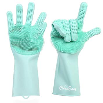 CleanEasy Magic Silicone Gloves with Scrubber, Dishwashing Gloves - Can be Used for Kitchen, Bathroom Cleaning, Car Washing, Pet Grooming - Easy Grip Design, Two Sided, 1 Pair, Teal