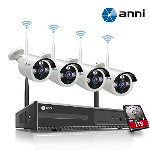Anni 1080P 4CH HD WiFi NVR Kit Wireless Security Camera CCTV Surveillance Systems,(4) 2.0MP Megapixel Weatherproof Wireless Bullet IP Cameras,65ft Night Vision,P2P,WiFi Camera System,with 1TB HDD