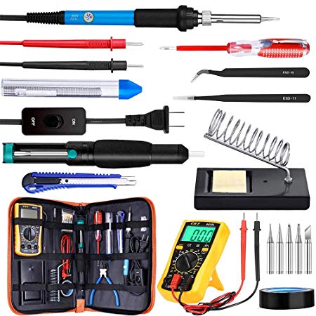 Updated Soldering Iron Kit, WRLSUN 60W Adjustable Temperature Electric Soldering Iron 110V with ON/OFF Switch, Welding Tool, Digital Multimeter, Soldering Iron Stand