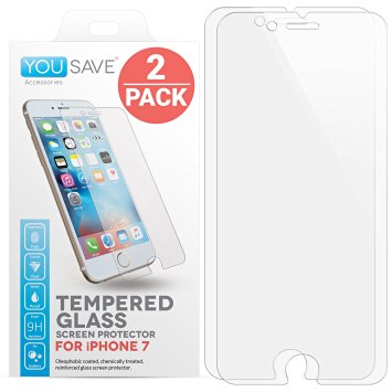 iPhone 7 Screen Protector [2 Pack] by Yousave Accessories [Tempered Glass] [3D Touch Compatible] 0.3mm Thickness / 9H Hardness Rating