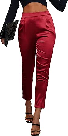 heipeiwa Women's Satin Pants Dress Casual Pleated Pull on High Waist Pants with Pockets