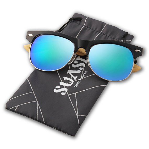 Suasi Full Mirrored Aviator Sunglasses with Half Frame Bamboo Legs for Mens Womens Wooden Sunglasses Zm00140
